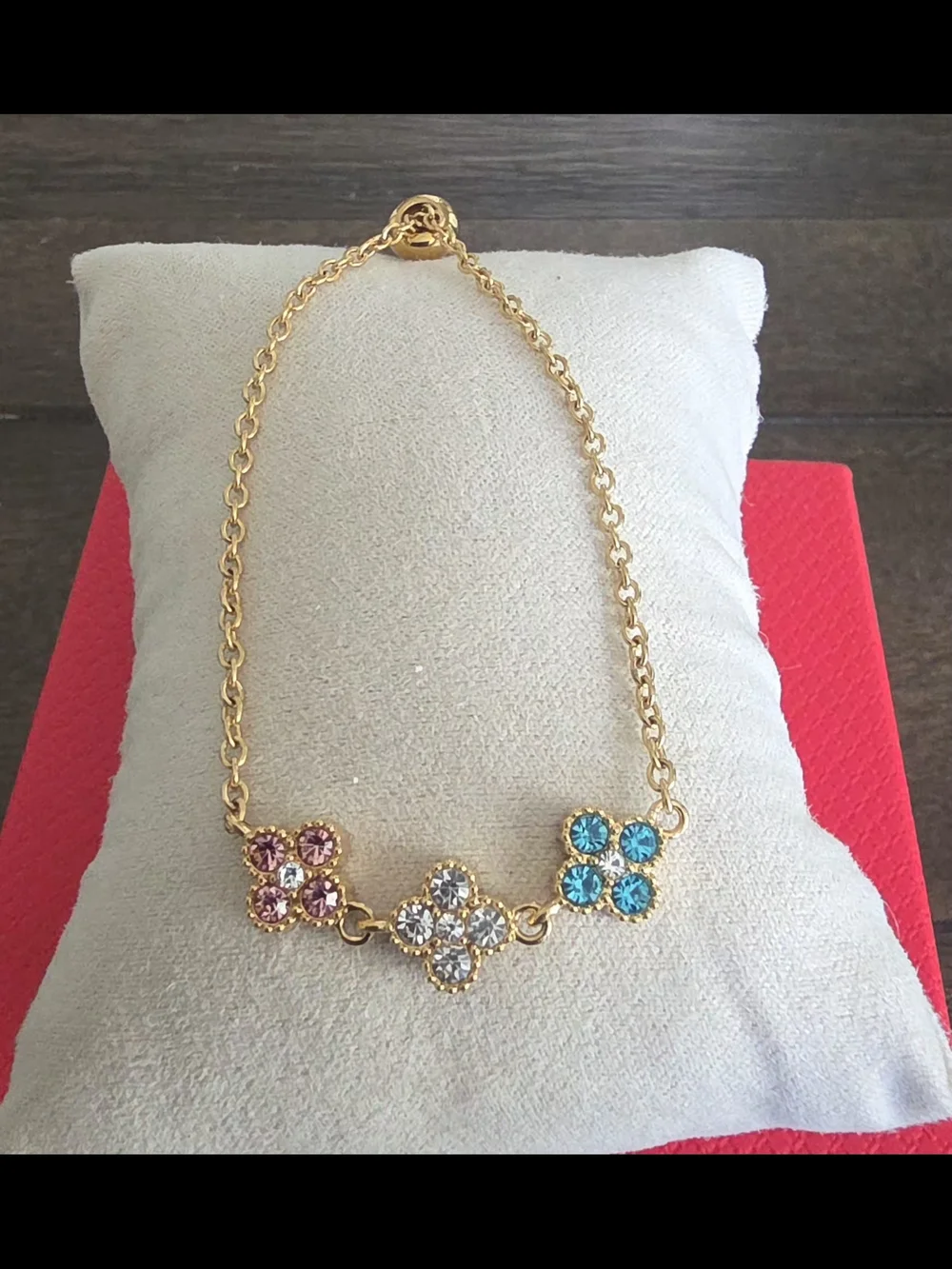 Gold Floral Bracelet with Pink, Clear and Blue Stones